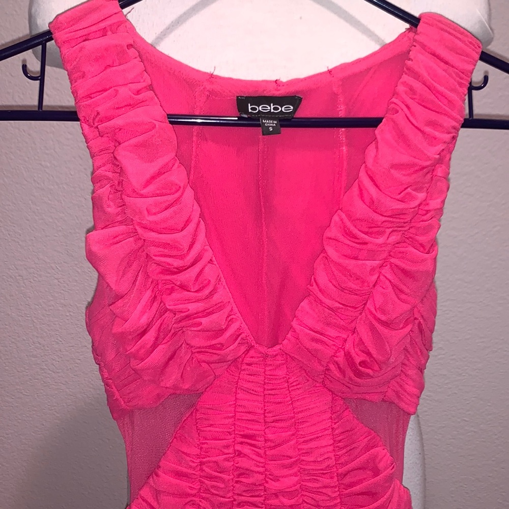 Never worn Bebe pink mesh waist deep v bubble ruffle dress